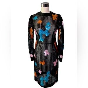 Vintage black, long sleeve pencil dress with Sequin Appliqués S